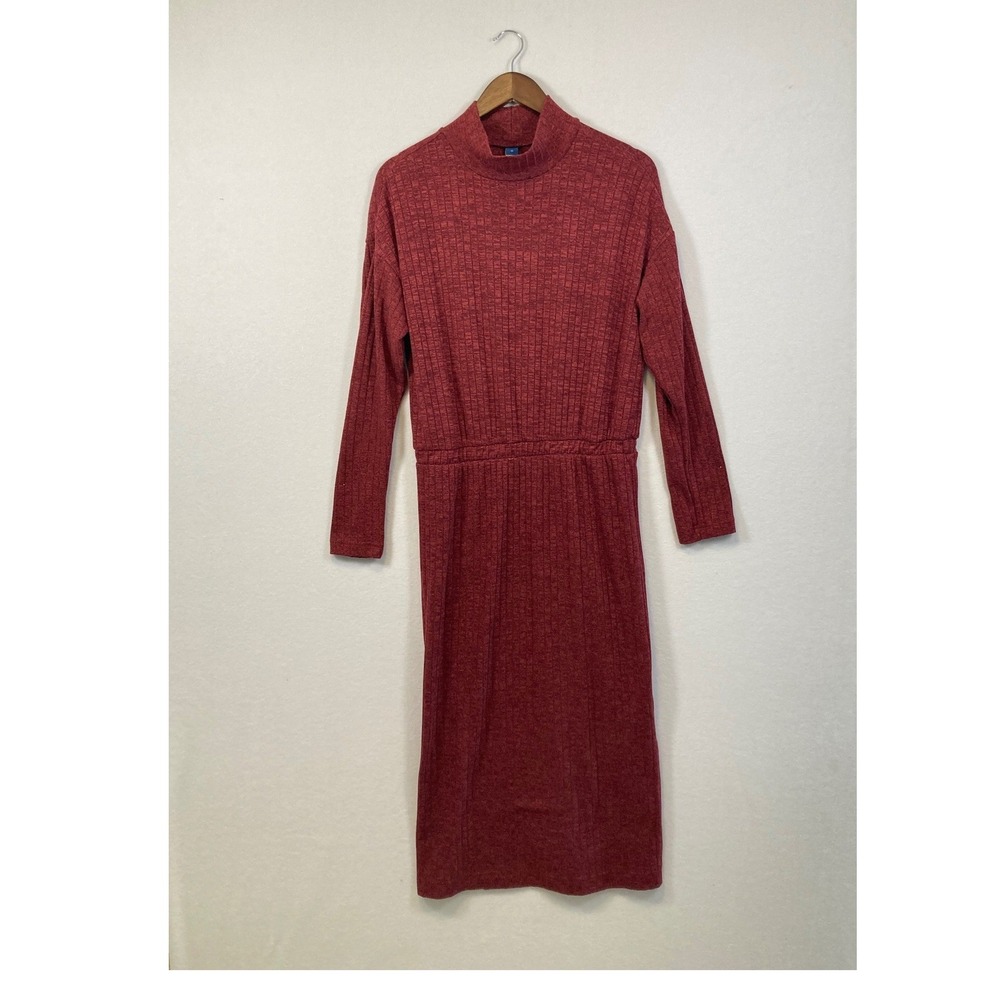 Old Navy Ribbed Mock Neck Long Sleeve Smocked Waist Midi Dress Red Size M